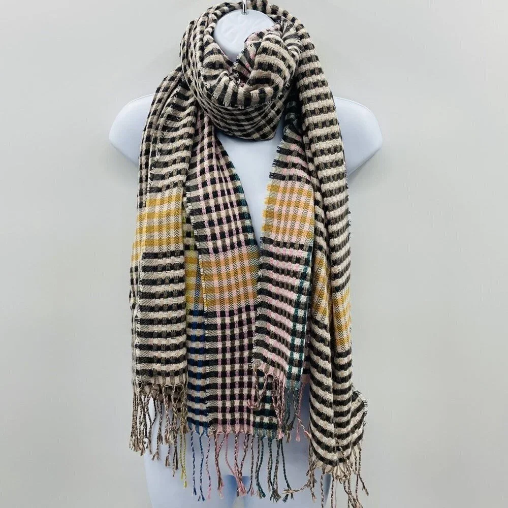 Vince‎ Camuto Womens One Size Woven Plaid Print Fringe Scarf Black Brighter 1258
